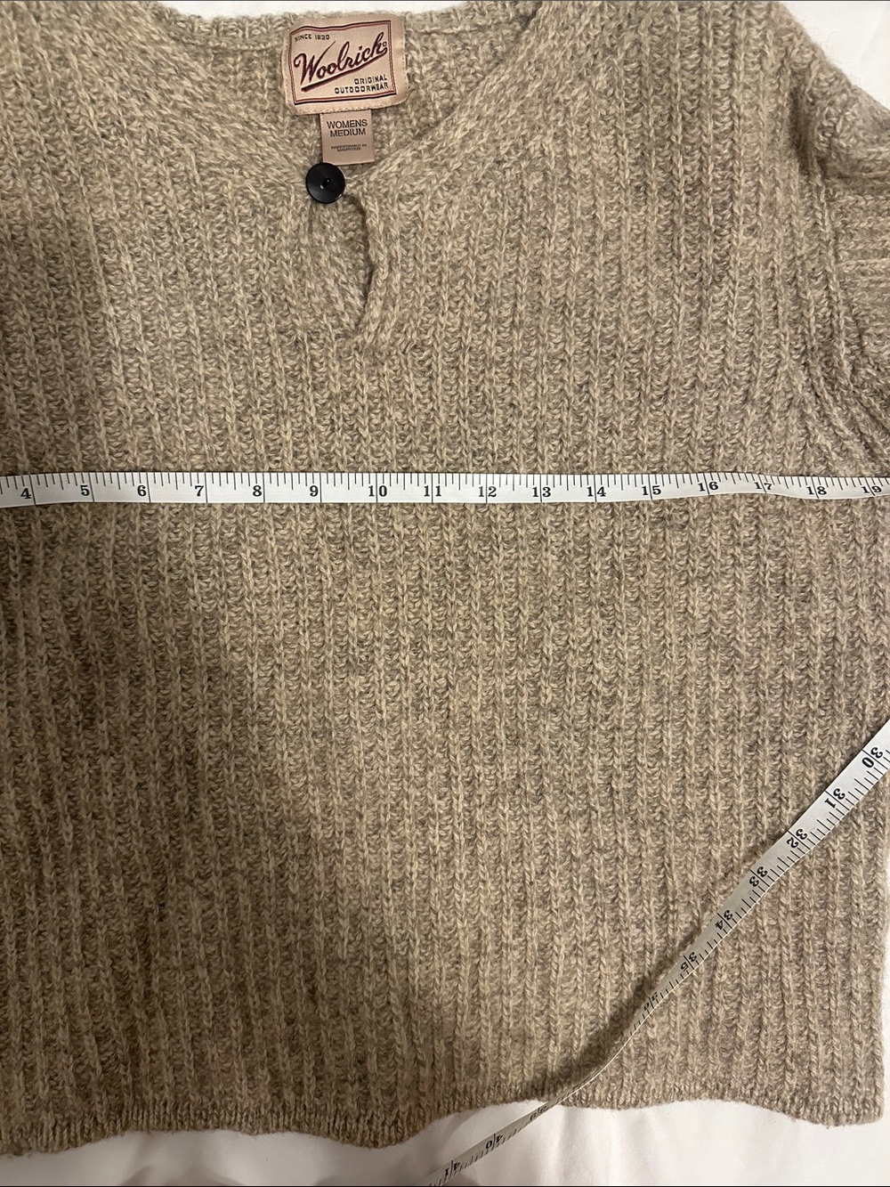 Woolrich Neutral Ribbed Wool Pullover with Single Button V-Notch - Picture 5 of 7